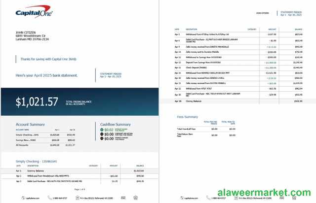 USA Capital One statement account Word and PDF template, 2 pages